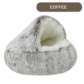 Luxurious Plush Round Cat Bed Cat Bed Round Soft Plush Burrowing Cave Hooded Cat Bed Donut For Dogs Cats - Semi-Enclosed For Cozy Warmth (Color: coffee, size: 70cm)